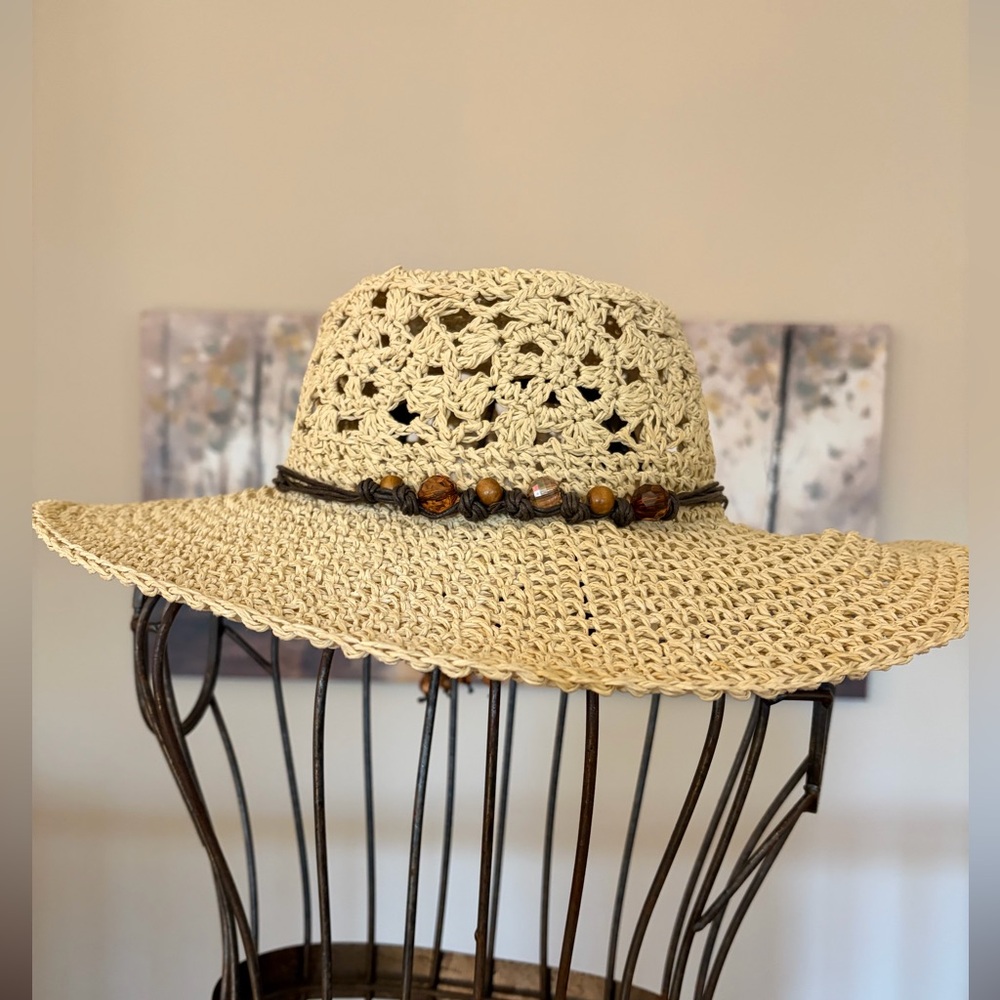 NEW Sun ‘N Sand Woven Floppy Large Brim Corded Faux Leather Adornment Beads